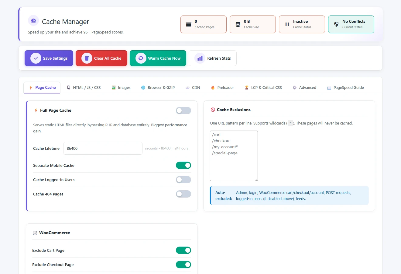 All in One WP Settings Cache Manager page cache screen