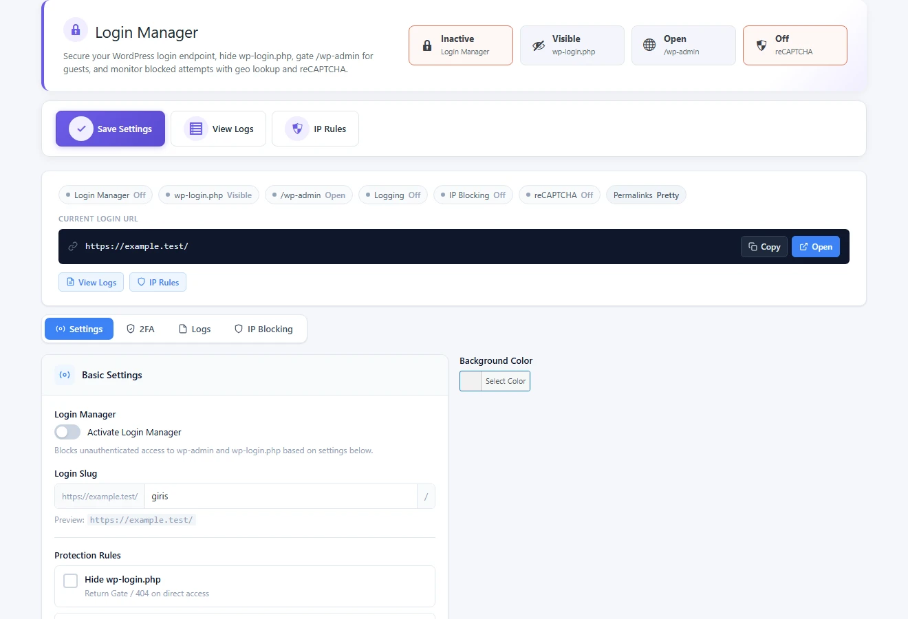 All in One WP Settings Login Manager security settings screen